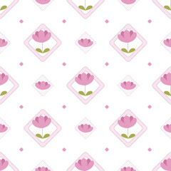 On a white tone background, beautiful flowers were arranged in a diagonal square frame. The surrounding area is also decorated with small flowers frame. It makes a seamless pattern that looks cute.