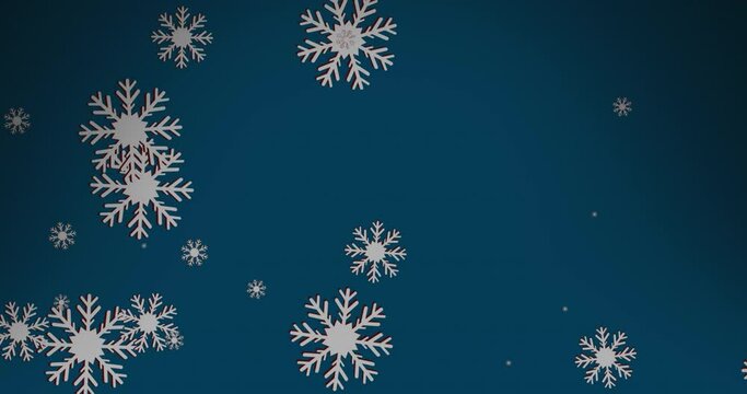 Digital animation of snowflakes icons falling against copy space on blue background