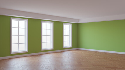 Obraz premium Beautiful Empty Interior with Green Walls, Three Large Windows, Glossy Herringbone Parquet Flooring and a White Plinth. Concept of the Unfurnished Room. 3D illustration, 8K Ultra HD, 7680x4320