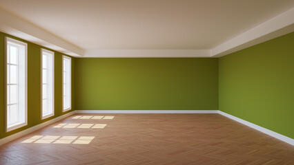 Obraz premium Empty Sunny Interior with Khaki Plastered Walls, Three Large Windows, White Ceiling Cornice, Glossy Herringbone Parquet Floor and a White Plinth. 3D illustration with a Work Path on the Windows.