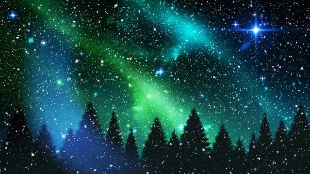 Animation of snow falling over aurora borealis and winter scenery