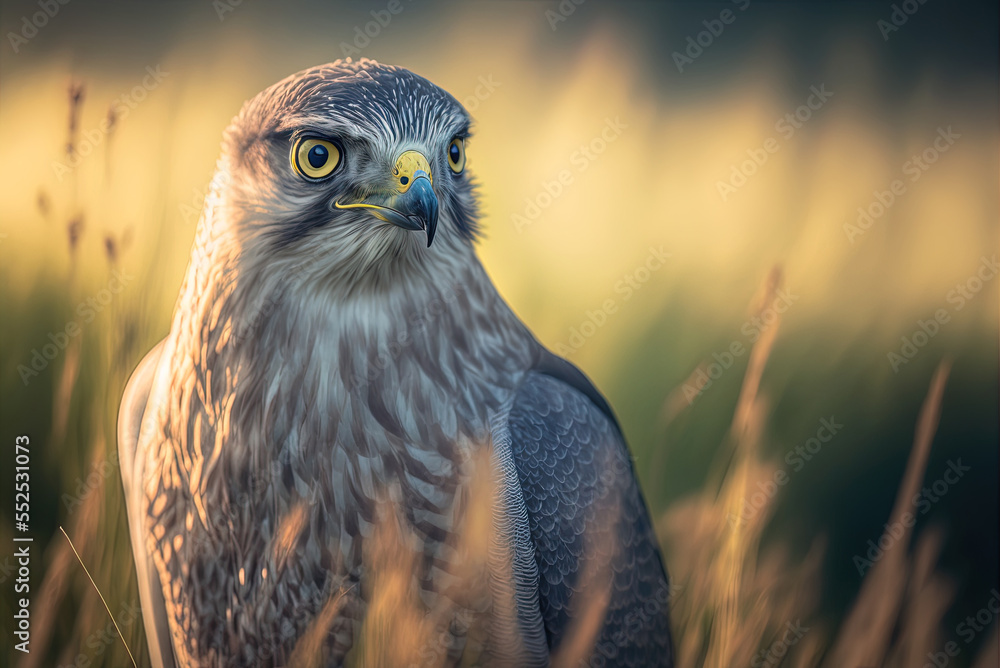Poster capturing a goshawk up up and personal in a field with a hazy backdrop. generative ai
