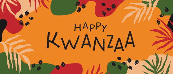 Happy Kwanzaa abstract bright colorful horizontal long banner design with random organic shapes, palm leaves. Vector template for Kwanzaa African American Celebration in USA.act,