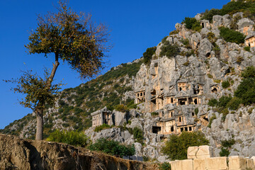 Ruins of the ancient city of Myra in Demre, Turkey. Ancient tombs and amphitheater.	
