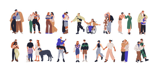 Different love couples set. Romantic relationships between diverse men, women. Gay, lesbian and heterosexual partners. Romance diversity. Flat graphic vector illustrations isolated on white background