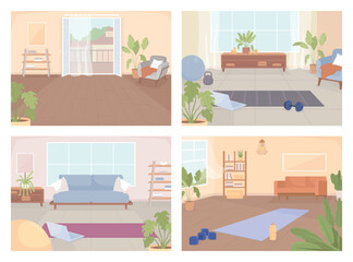 Inventory and place for home exercising flat color vector illustrations set. Active lifestyle and training. Fully editable 2D simple cartoon interiors pack with living rooms on background