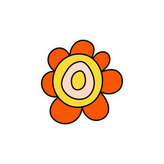 Retro Groovy Flower Element, Daisy flat icon in doodle style. Cute Hand Drawn Hippy Flower inspirited by 70s years. Vintage vector illustration isolated on white background. Floral for poster, print.