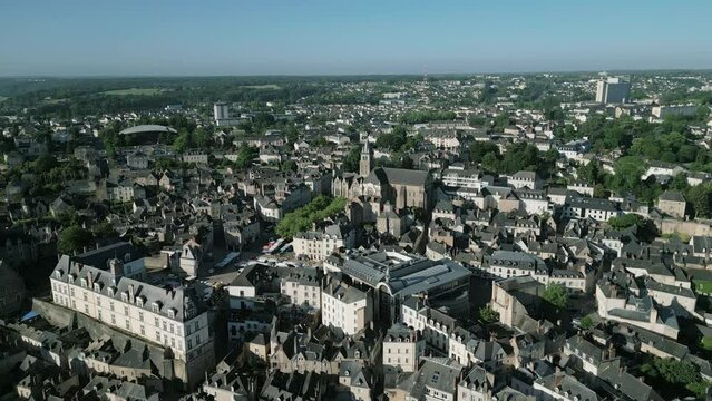 Cathedral of Saint Trinity, Laval in French department of Mayenne, France. Aerial forward 