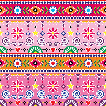 Pakistani and Indian seamless vector pattern, jingle truck art design, pink and orange cute ornament with flowers and abstract shapes
 
