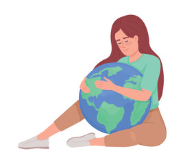 Lady embracing Earth planet semi flat color vector character. Editable figure. Full body person on white. Nature protection simple cartoon style illustration for web graphic design and animation