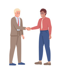 Fototapeta premium Manager and employee shaking hands semi flat color vector characters. Editable figures. Full body people on white. Coworkers simple cartoon style illustration for web graphic design and animation