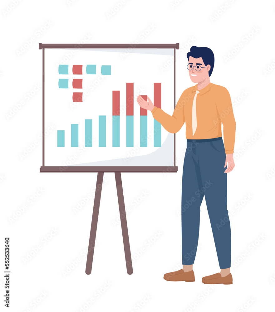 Poster man performing analytics semi flat color vector character. editable figure. full body person on whit