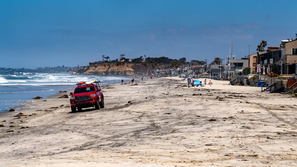 Fototapeta na wymiar Rescue vehicle on a Californian beach. USA.