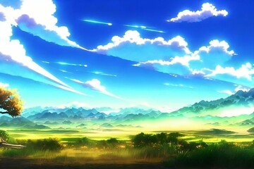 Beautiful anime scenes, manga illustration, green field, cloudy sky