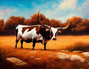 Rustic Texas Long Horned Bull Standing in a Pasture Painting Illustration Created with Generative AI and other Techniques