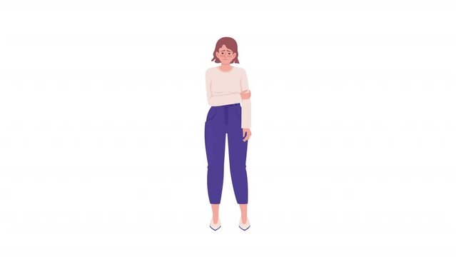 Animated disappointed character. Self stroking. Upset woman. Full body flat person on white background with alpha channel transparency. Colorful cartoon style HD video footage for animation