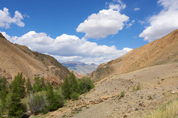 A beautiful valley in the mountains on a sunny day against a blue sky with clouds. Mountain terrain in changeable weather - panorama.
