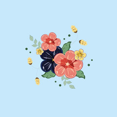 Pattern of flowers in dark blue, red, yellow colors on a blue background in a flat style