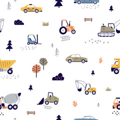 Transport pattern, repeating print in Scandinavian style. Seamless Nordic childish background design with toy cars, taxis, industrial and construction autos, trucks. Colored flat vector illustration © Good Studio