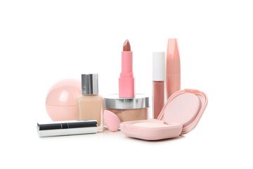 Concept of female accessories, different cosmetics, isolated on white background