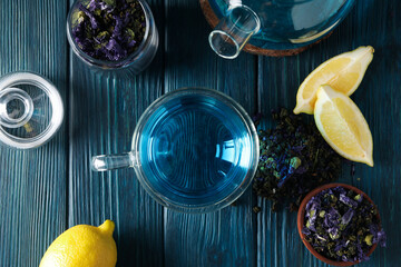 Concept of tasty hot drink, Anchan tea, top view