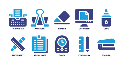 Stationery icon set. Duotone color. Vector illustration. Containing a paperclip icon, typewriter icon, eraser icon, computer icon, sticky note icon, and other