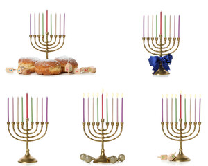 Set of photos for Hanukkah concept, isolated on white background