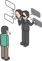騙そうとする詐欺師の男性のアイソメイラスト