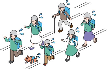 Naklejka premium 避難する三世帯の家族とペットの犬のアイソメイラスト