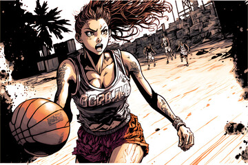 basketball girl manga anime style - obrazy, fototapety, plakaty