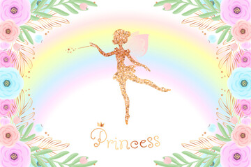 Golden fairy princess baby shower backdrop. Birthday party background with a little pixie silhouette and a beautiful floral frame. Vector illustration 10 EPS. © slybrowney