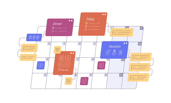 Business and personal planning concept. Month calendar, daily planner, timetable with work and vacation tasks, reminders. Schedule, time table. Flat vector illustration isolated on white background