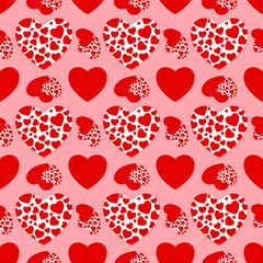 Fototapeta na wymiar Seamless pattern of red hearts of different sizes. For printing, gift paper, fabric, background, celebration of all lovers, birthday