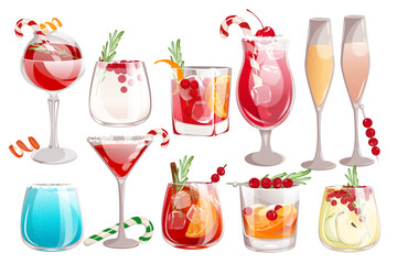 A set of Christmas cocktails.Whiskey with cranberries.Shirley Temple, Jack Frost, Christmas margarita, sangria, martini.Winter holiday drinks.