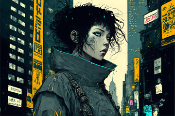 digital painting anime style girl in cyberpunk city - obrazy, fototapety, plakaty