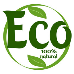Organic eco natural bio sticker label logo icon. Logo with a pattern of green leaves. Ecological products. Stickers of eco-friendly products. Vector illustration of organic food icons