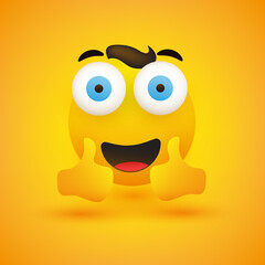 Smiling Happy Cheerful Young Male Emoji with Hair and Pop Out Eyes Showing Double Thumbs Up - Simple Happy Emoticon on Yellow Background - Vector Design