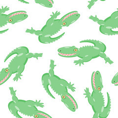 Pattern seamless illustration of a green crocodile with a smile on a white background, vector isolated.