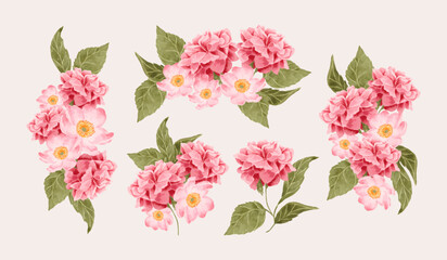 Watercolor vector floral arrangements with pink rose, peony flowers and leaf elements for wedding invitation, decoration, greeting card