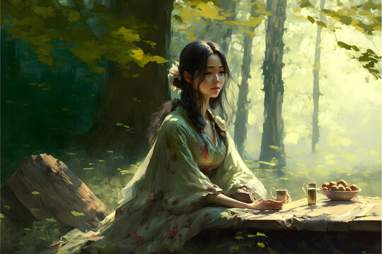 picnic woman in the forest digital painting