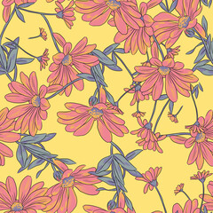 Fototapeta premium Seamless floral pattern with red gerbera flowers and grey leaves on bright yellow background.