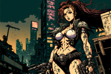 Naklejka na ściany i meble female warrior anime cyberpunk hacker