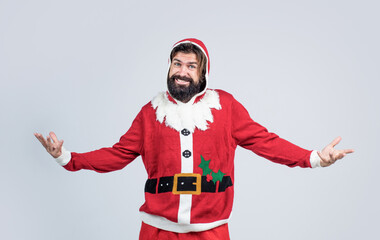 happy bearded man in santa claus costume celebrate new year winter holiday, christmas