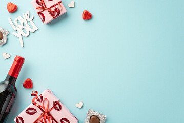 St Valentine's Day concept. Top view photo of wine bottle present boxes heart shaped chocolate...
