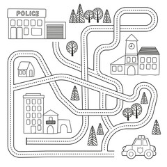 Maze game with vehicles and tangled road. Help the police car to reach the police office. Coloring book page