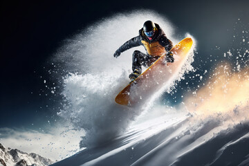 Extreme sport jump at hyper speed. Snowboarder jumps from a snow-covered mountain. Digital artwork	