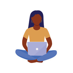 Beautiful black woman with laptop sitting on the floor