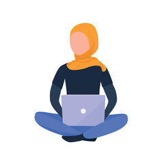 Muslim girl in hijab working with laptop sitting on the floor