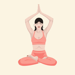 Woman with black hair, white skin and pink clothes, doing yoga lotus pose. Flat vector illustration