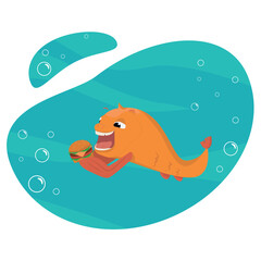 Yellow fish character eating burger underwater